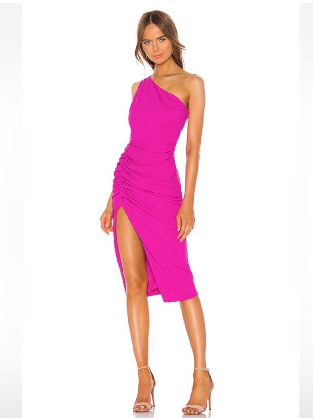 Katie May Revolve One-Shoulder Ruched Hot Pink Midi Dress Slit Medium